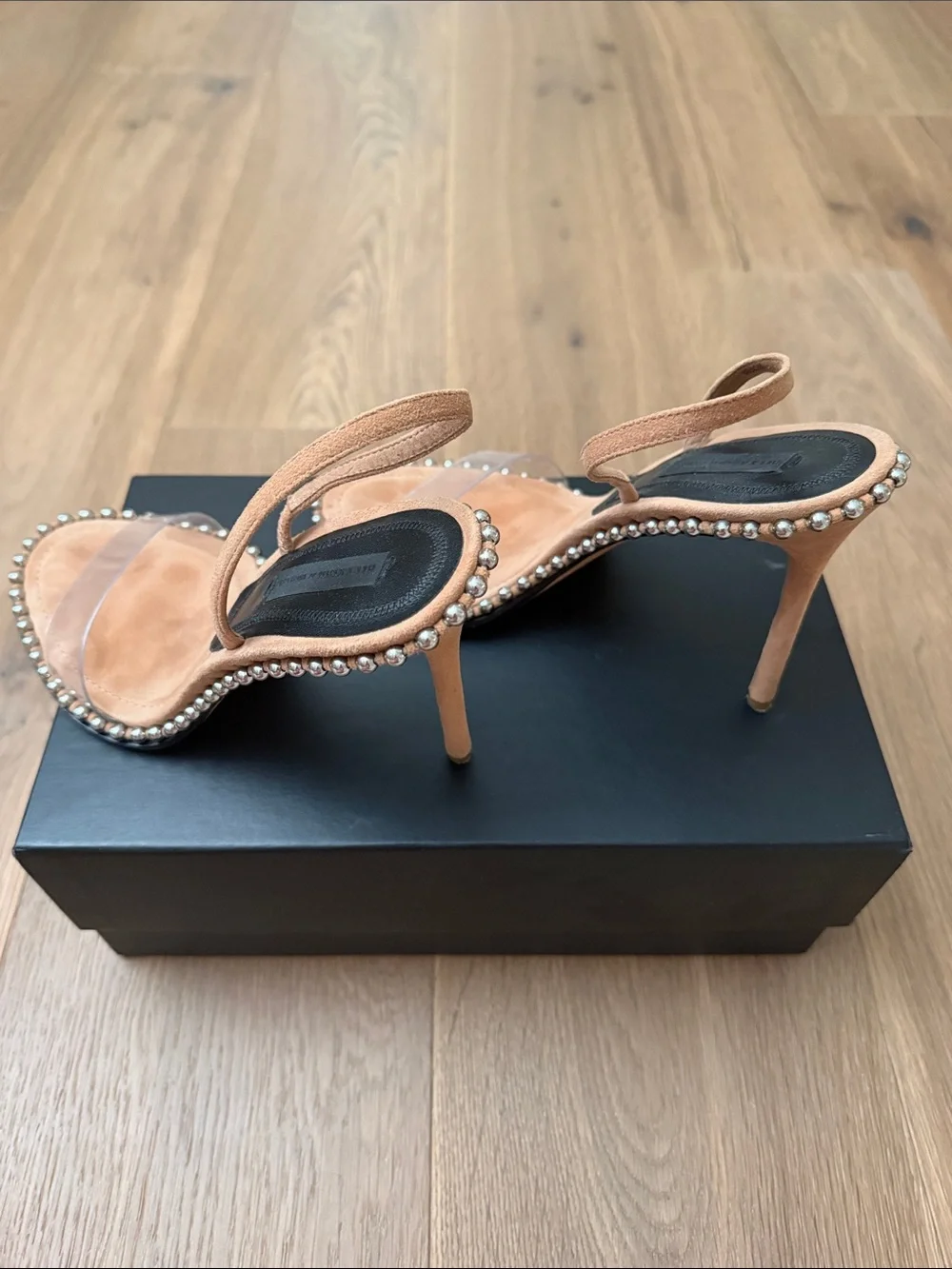 Alexander Wang Tan Suede Slingback Heels with Clear Strap and Stud Trim
